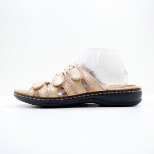 Clarks Leisa Cacti Q Tan Leather Lightweight Adjustable Slide Sandals - 10